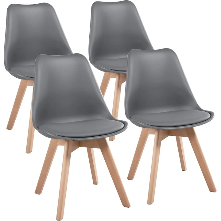 Set 4 Scaune Bucatarie Elindor® din Piele Ecologica, Picioare din Lemn, Scaun Confortabil, Stil Retro, Elegant, pentru Bucatarie, Dormitor, Living, Gri