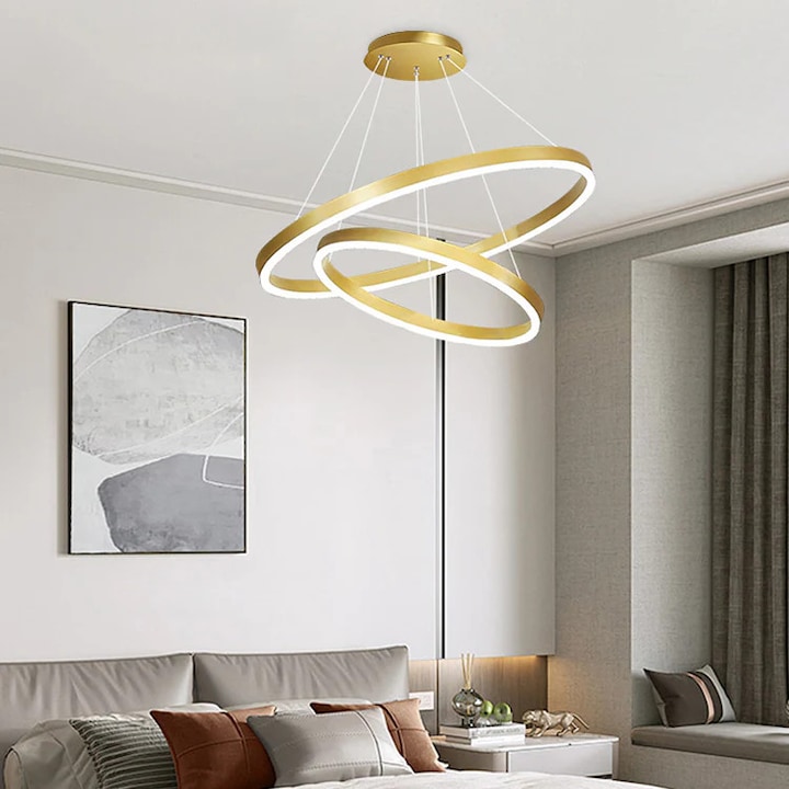 Lustra LED suspendata cu telecomanda CHRISTINE, 90W, 2 Cercuri 50/30cm, lumina Rece/Calda/Neutra, Dimabila, Auriu, Inaltime Reglabila