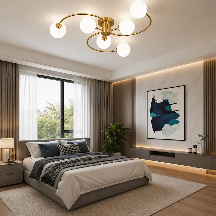 Lustra Moderna Aurie Globuri Sticla alb Lucioasa 6 Globuri E27 Elegant Iluminat Living Dormitor dining