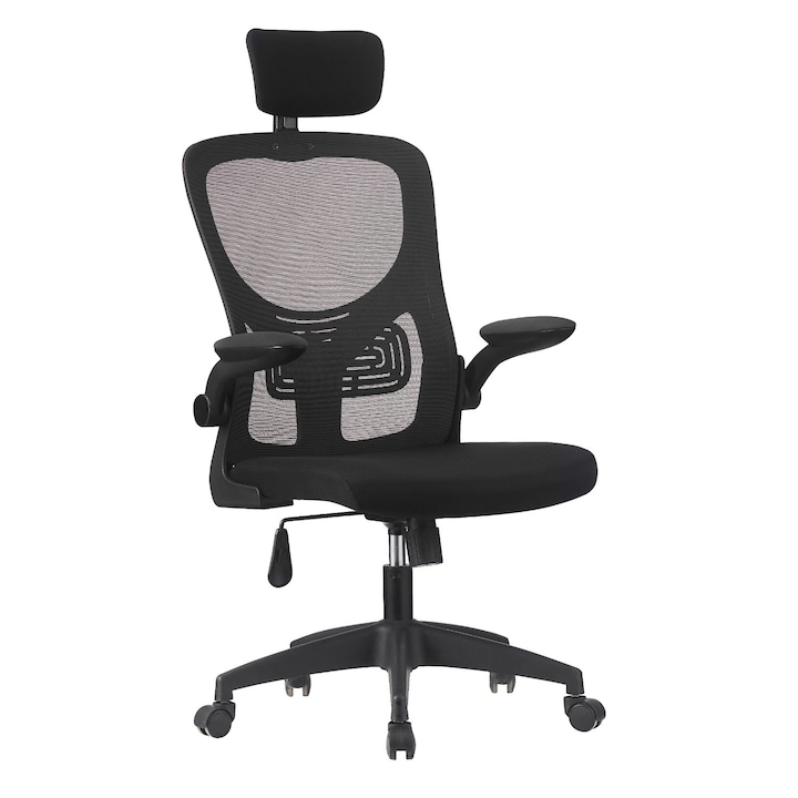 Scaun birou ergonomic, office, Quasar & Co.®, model Sigma, mesh, suport lombar, tetiera reglabila, manere rabatabile, negru