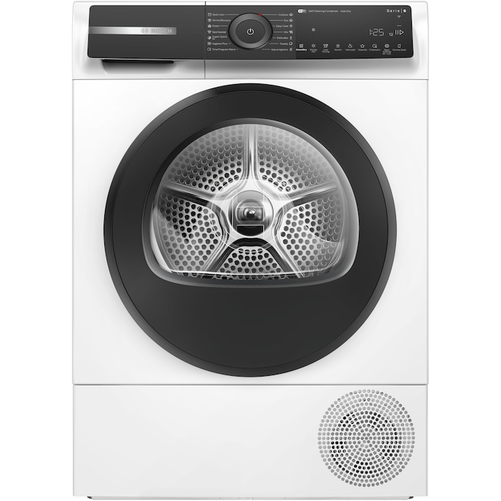 Uscator de rufe Bosch WQH245B6BY, Pompa de caldura, 9 kg, 15 programe, Home Connect, AutoDry Technology, Smart Dry, Condensator cu autocuratare, Touch control, Iluminare interioara, Clasa C, Alb