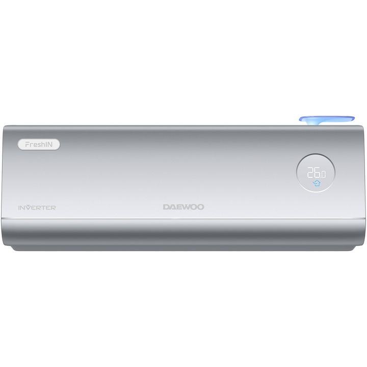 Aparat de aer conditionat Daewoo 12000 BTU WI-FI, FreshIN aer proaspat, I Feel, Turbo, funcție Sleep, Eco Mode, kit de instalare inclus (3m), argintiu