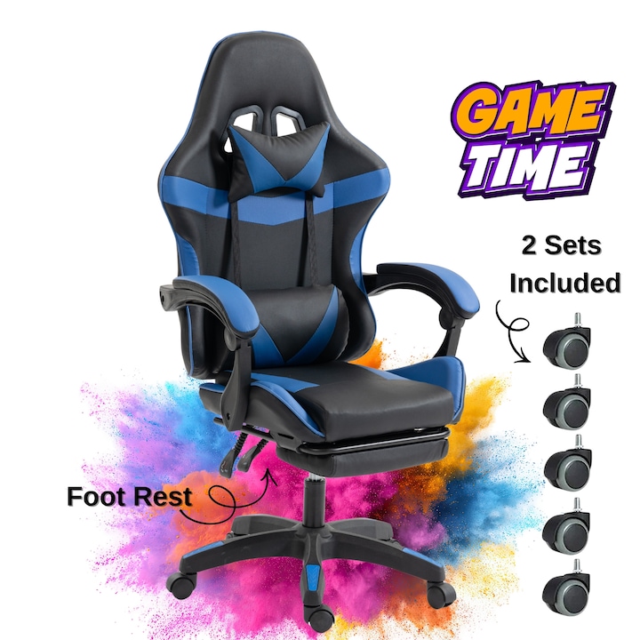 Scaun Gaming Ergonomic KD Home® ShadowStrike X3, 2 Seturi Roti Incluse, din Piele Ecologica, Suport Picioare, Suport Lombar, Perna Tetiera, Spatar Rabatabil 165°, Pana la 140 kg, Mecanism Tilt, Albastru