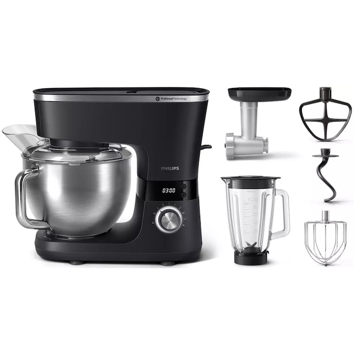 Robot de bucatarie Philips HR7962/21, seria 7000, 1000 W, 8 setari de viteza,Tehnologie ProKnead, Sistem de amestecare perfecta, carlige pentru aluat, paleta si tel, Castron de 5,5 l, Capac antistropire, Cronometru inteligent cu LED