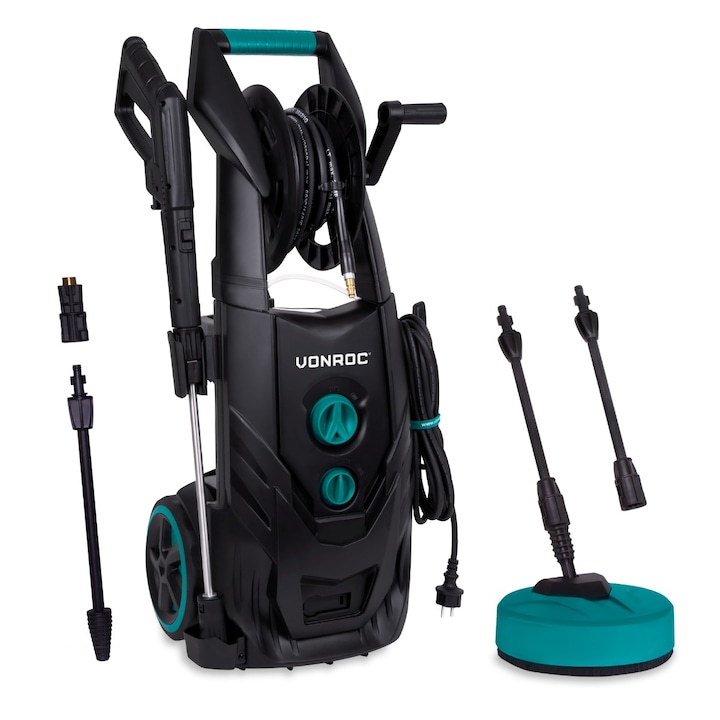 Aparat de spalat cu presiune VONROC PW509AC, presiune 195bar, debit maxim 468 l/h, putere 2500W, motor cu inductie, rezervor detergent incorporat, pompa din aluminiu, furtun 8m, cablu 5m, accesorii incluse