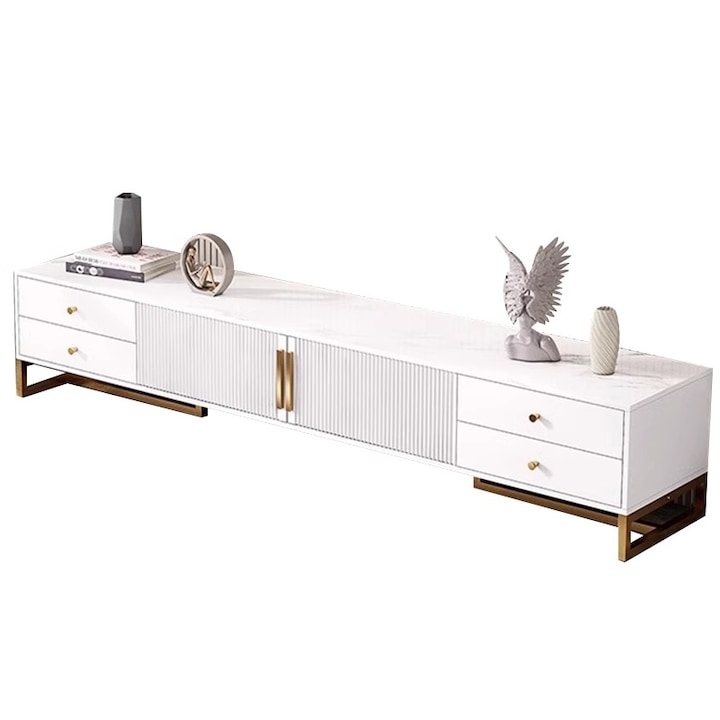 Comoda TV moderna alba cu rafturi de depozitare, 160 cm, blat texturat si cadru metalic auriu, pentru living sau dormitor