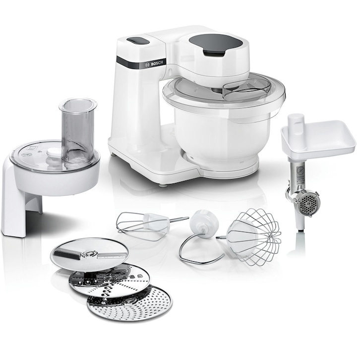 Robot de bucatarie Bosch MUMS2AW21, 700 W, masina de tocat, feliator, accesorii razuire, 4 viteze, bol 3.8 l, Mixare planetara 3D, Alb