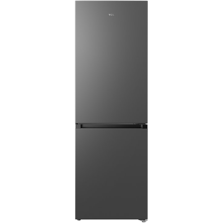 Combina frigorifica TCL RF340BSE0, 340L, Total No Frost, Compresor Inverter, T-Fresh, Multi-air flow, Power Cool, Power Freeze, Usa reversibila, Maner retras, Iluminare LED, Clasa E, H 185 cm, Gri Quartz