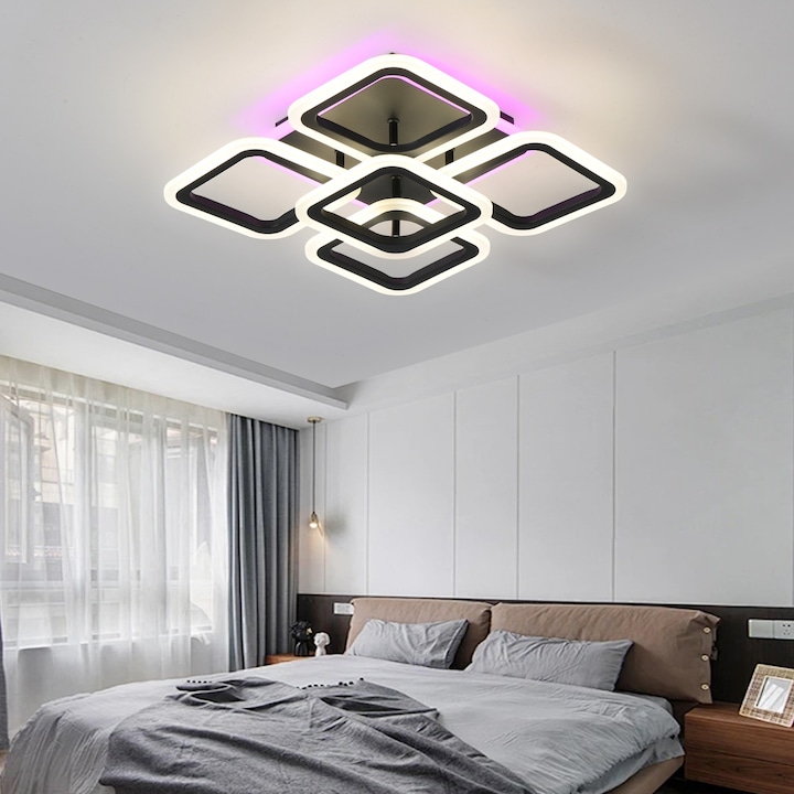 Lustra LED dimabila cu telecomanda lumina cald/neutru/rece + RGB StrongLED 120W intensitate reglabila 5 patrate, carcasa Neagra ZenLED®