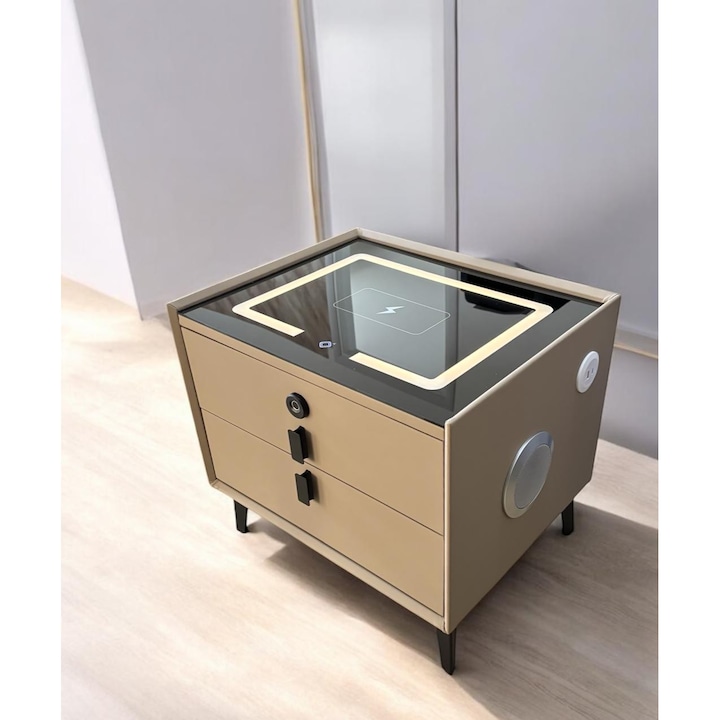 Noptiera Smart cu Iluminare LED, Incarcare Wireless, 2 boxe Bluetooth si securizare sertar cu amprenta, 50 x 40cm, H 45cm, AVI-4875