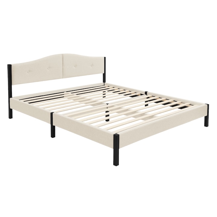 Pat matrimonial tapitat ML-Design 160x200 cm, cadru de pat dublu robust, structura de pat cu tablie captusita si somiera cu lamele, cadru din otel si material textil din in, bej, pentru dormitor, design modern, confortabil si rezistent