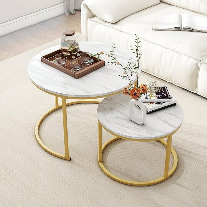 Set 2 Masute de Cafea Rotunde Vivendo, Blat MDF cu Model Marmura, Cadru Metal Bronz Mat, Masa Mare 70-80cm H45cm, Masa Mica 50-60cm H38cm, Set 2 in 1, Living Modern, Masuze Salon Cuiburi, Alb