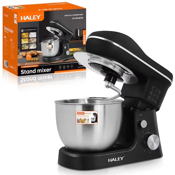 Mixer de Inalta Performanta HALEY HY-2409: Putere de 1200W, Bol Generos din Inox, 6 Trepte de Viteza cu Functie Pulse, Design Elegant Negru si Inox