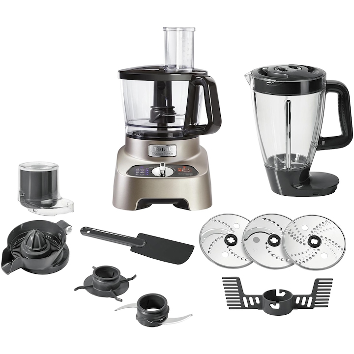 Robot de bucatarie Tefal Double Force DO824H38, 1000W, Motor cu 2 prize de putere, 2 trepte, Functie Pulse, 10 accesorii, 31 de functii, 3L, Argintiu