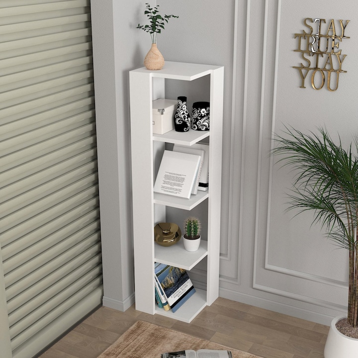 Biblioteca de Colt, UnicUtil, 31 x 13 x 33 cm, PAL Melaminat, Design Compact si Eficient, Rafturi si Sertare pentru Depozitare, Ideala pentru Spatii Mici si Apartamente, Montaj Modular, Functionalitate Maxima, Eleganta si Durabila, Culoare Alb