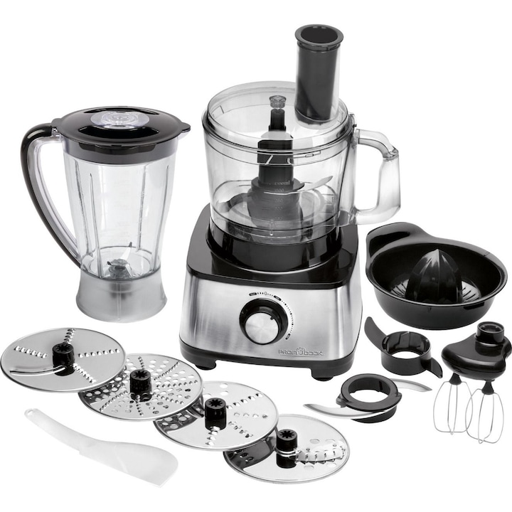 Robot de bucatarie multifunctional ProfiCook, 1200 W, functie turbo, carcasa din otel inoxidabil, circuit de siguranta, accesorii incluse, usor de folosit, curatare usoara, negru/argintiu