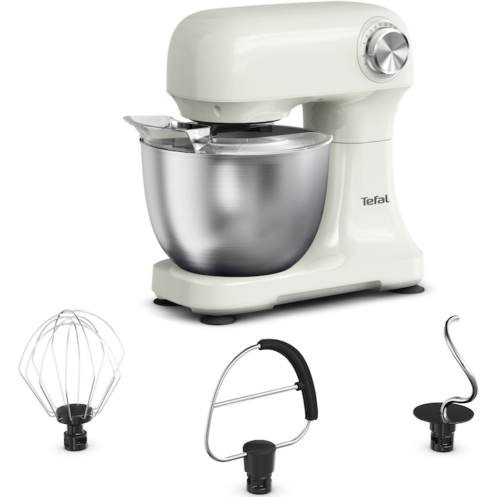Robot de bucatarie Tefal Bake Easy QB140AF0, 500W, 12 trepte de viteza, bol 3.5L, functie Pulse, design compact, tel pentru oua, accesoriu mixat, carlig aluat, functie oprire automata, bej