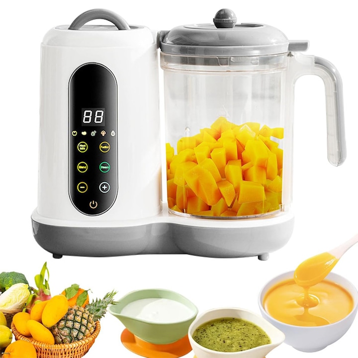 Blender pentru alimente bebelusi, Omelivon, Lama din otel inoxidabil, 450W, 50-400ml, auto-curatare, afisaj digital LED, Panou Tactil, 4 functii, reglaj cu 2 viteze, detasabil si lavabil, Alb Gri