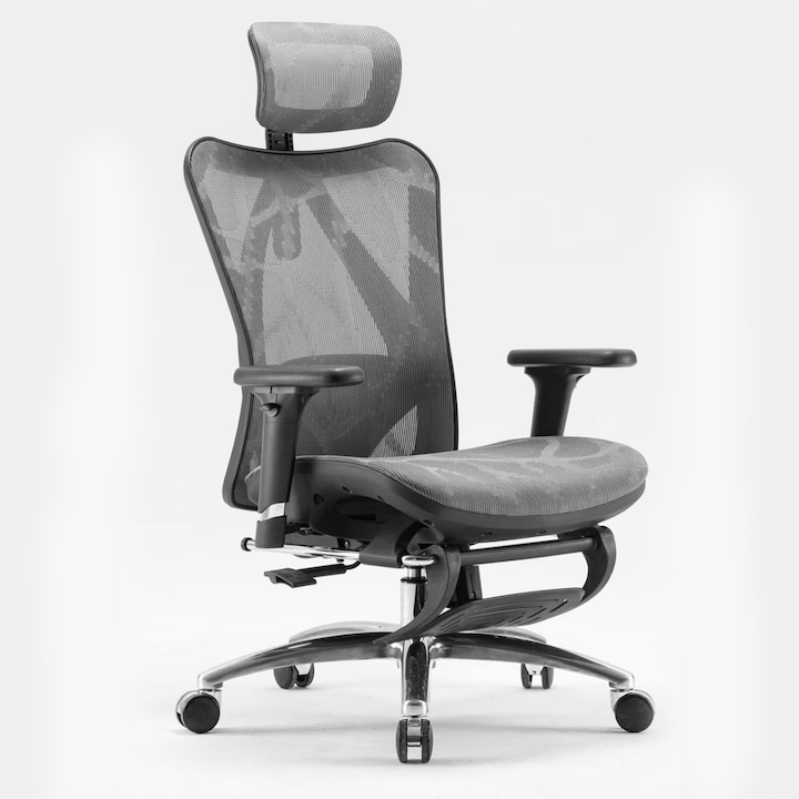 Scaun Ergonomic SIHOO®, Scaun Birou Reglabil Inaltime, Tetiera 2D Ajustabila, Cotiere 3D Reglabile, Suport Lombar 2D, Suport Picioare Extensibil, Mecanism Inclinare, Blocare In 3 Pozitii, Tapiterie Mesh Respirabil, Baza Aluminiu, Pivotant 360°, Gri/Negru