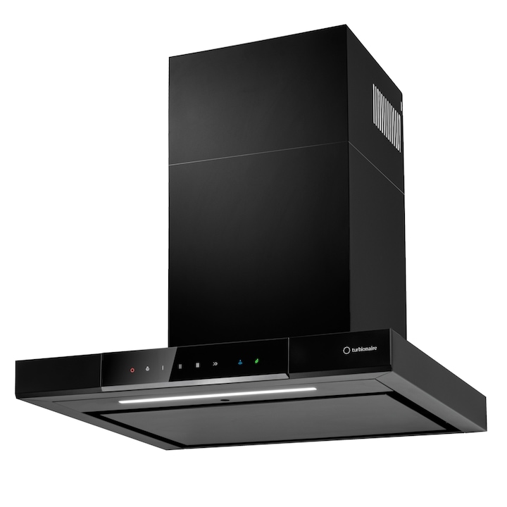 Hota incorporabila decorativa Turbionaire TEV60WB, Putere de absorbtie 800 mc/h, Senzor monitorizare temperatura, LED-uri ajustabile, Boost si Super boost, Aspiratie perimetrala, Clasa A++, 60 cm, Negru