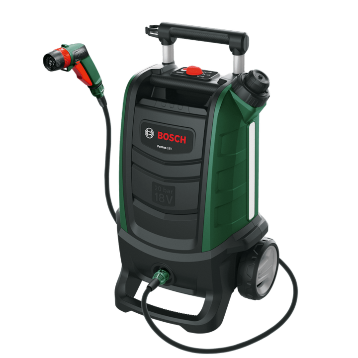 Aparat de spalat cu presiune pe acumulator Bosch 06008B6102, 18 V, 20 bar presiune maxima, 15 l rezervor, 4 m lungime furtun, filtru apa, pistol de stropit, SmartBrush, fara acumulator/incarcator