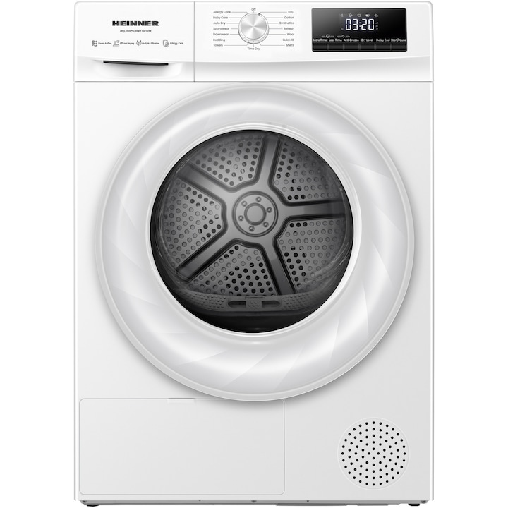 Uscator de rufe cu pompa de caldura Heinner HHPD-HMY70FD++, 7 kg, 15 programe, Clasa D, Display digital, Program rapid 30 min, Program baby care, Program eco, Functie anti-sifonare, Blocare acces copii, Alb