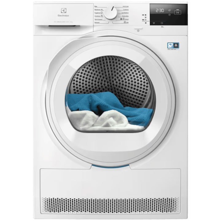 Uscator de rufe Electrolux EW7D283VE, Pompa de caldura, 8 kg, Clasa E, Sistem uscare DelicateCare + Sensicare, Motor Inverter, Iluminare interioara tambur, Usa reversibila, Alb