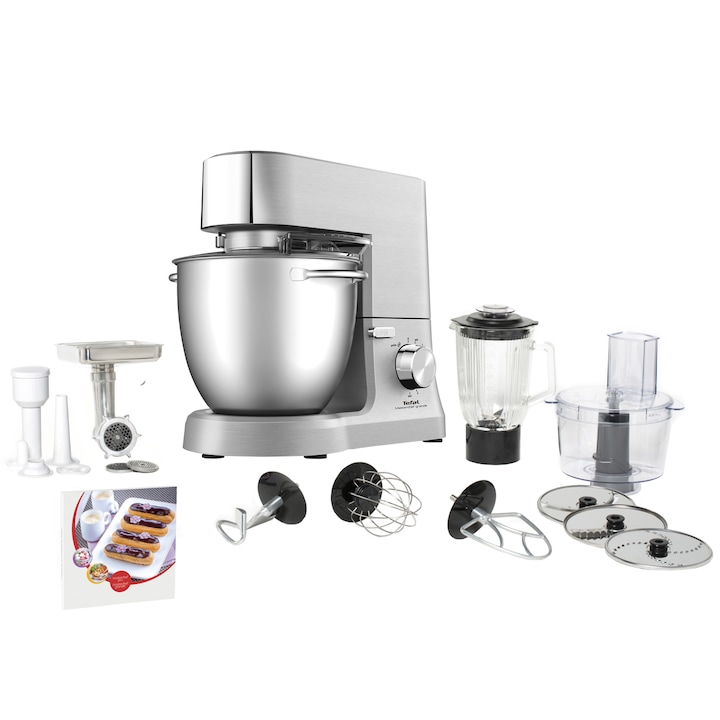 Robot de bucatarie Tefal Masterchef Grande QB813D38, 1500 W, 8 viteze, bol 6.7 l, capacitate blender 1.4 l, 6 accesorii, argintiu