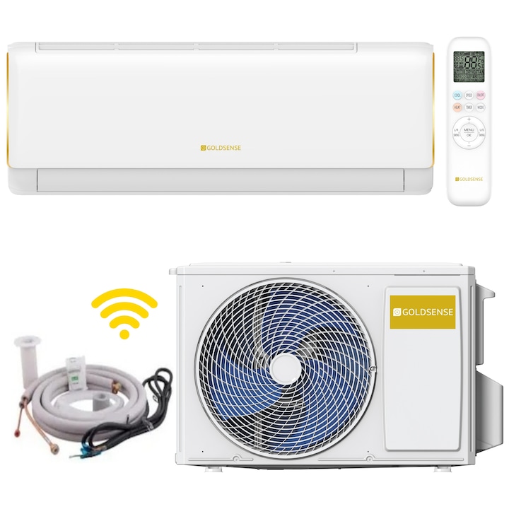 Aparat aer conditionat Goldsense NEW ELITE 2025, 12000 BTU/h, KIT MONTAJ INCLUS, WiFi inclus, filtru carbon, auto curatare, grup control, I Feel, interval temperatura de functionare: - 25 +48