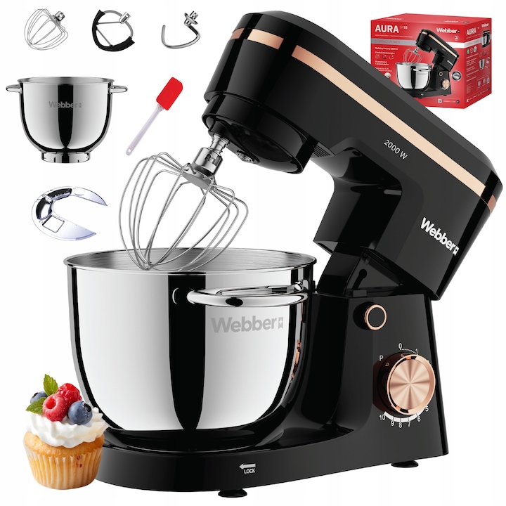 Robot de bucatarie planetar, Webber, SM15, 2000W, 5,2L, 10 viteze, Functia PULSE, Capac anti-stropire, Carlig pentru aluat, Mixer cu raclete din silicon, Tel, BPA Free, negru/metalic