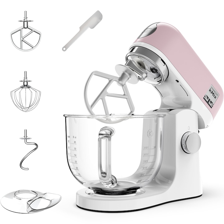 Robot de bucatarie Kenwood kMix KMX754APP, 0W20011489, 1000 W, vas sticla 5 L, 6 trepte viteza, 3 accesorii patiserie, alb-roz