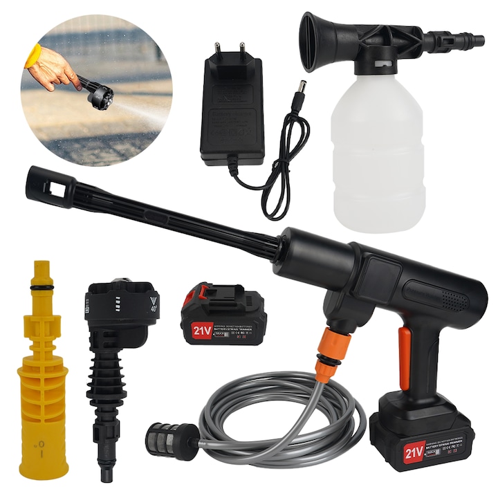 Aparat De Spalat Cu Presiune Portabil Pistol, Ydene®, 3500W, Pe Acumulator, 200 bar, Set Complet, Negru