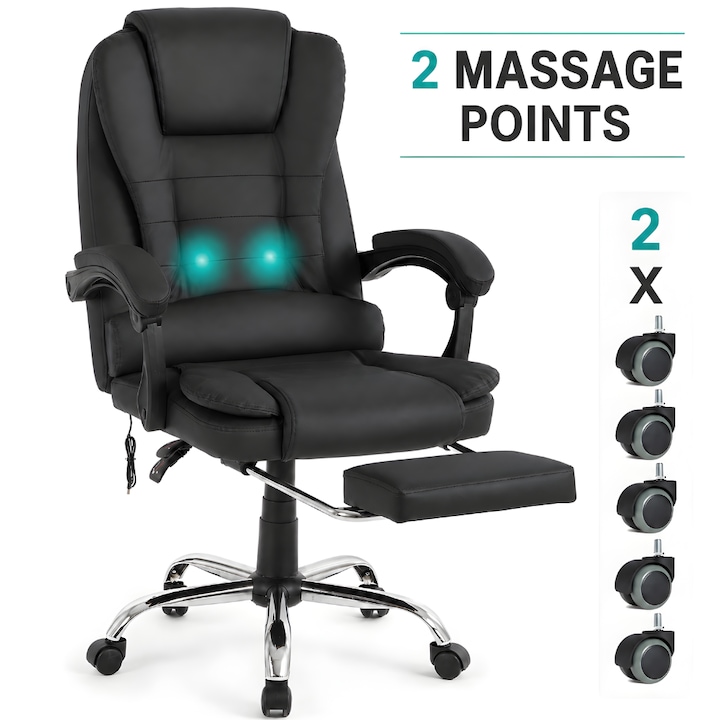 Scaun De Birou Directorial Ergonomic KD Home® ErgoLux Prime, Masaj Lombar Vibratii, Suport Picioare, 2 Seturi Roti Incluse, Inaltime Reglabila, Mecanism Tilt, 55 x 55 x 112 cm, Negru