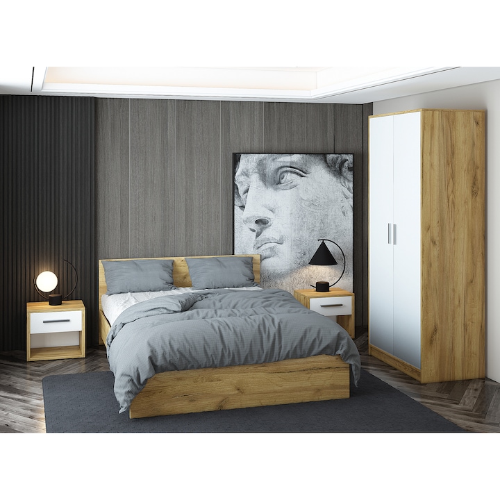 Set Mobila Dormitor Asaro Aria , Pat 160x200 cm, Dulap, 2 Noptiere, Culoare Stejar Artizan/ Alb