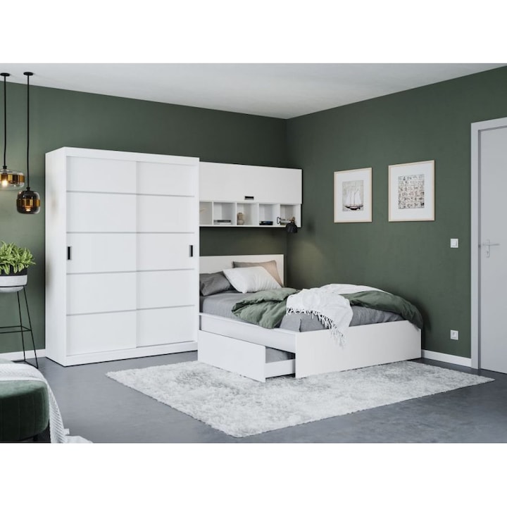 Dormitor Nordis 2.92m cu Pat incadrat 140x200, Culoare Alb