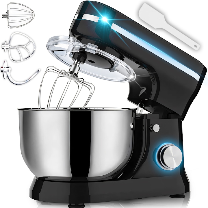 Robot de Bucatarie RETOO HomeSmart, 2000W, Bol din INOX 6L cu Capac Anti-Stropire, Picioare cu Ventuze, 6 Trepte de Viteza si Functie Pulse, Miscare Planetara, Spatula pentru Aluat si 3 Accesorii de Mixare – Carlig, Tel si Paleta, Negru-Argintiu