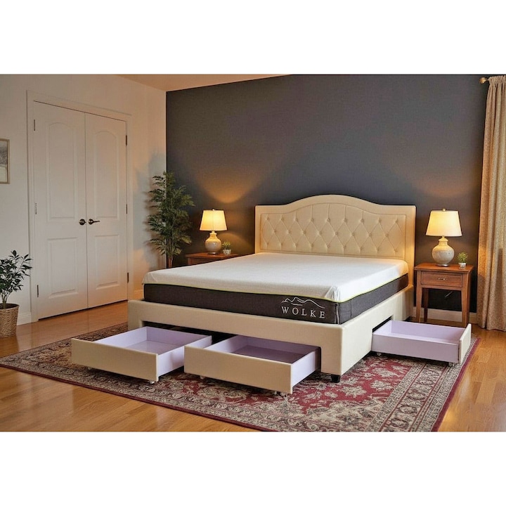 Pat Terasino 180x200 cm cu 4 sertare Tapitat Catifea Crem Somiera Inclusa