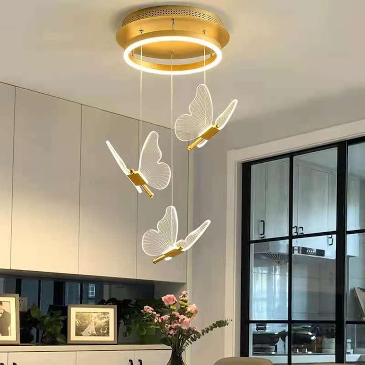 Candelabru/Lustra LED, Suspendata, Pendul, 4 Surse de Lumina, Design in forma de Fluture, Dimabil, 3 Tipuri de Lumina, Calda, Neutra si Rece, Ambientala, Potrivit pentru Dormitor, Bucatarie, Hol, Living, Camera Copii, Restaurant, Auriu/Transparent, FilSAB