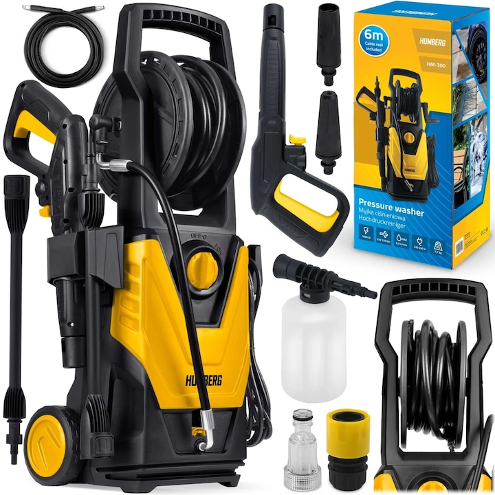 Aparat de spalat cu presiune Humberg HM-300, cu rola, 1800 W, 230 bar presiune EW, debit 420 l/h, pistol de presiune StopAnd Safe, duza TurboStream, Furtun de presiune 6 m, flacon detergent 450 ml, cablu alimentare 5 m
