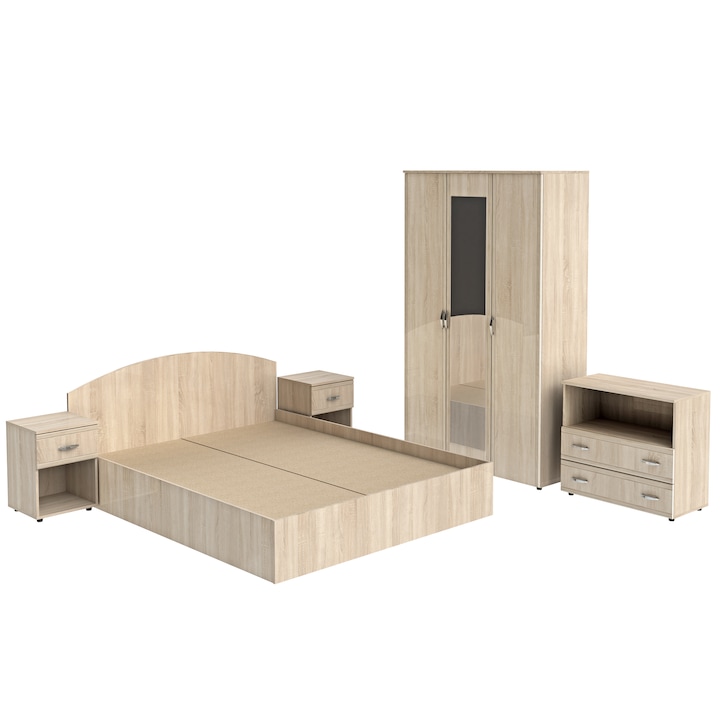 Set Dormitor FLORIN, cu Dulap 3 Usi, Comoda, Pat si Noptiere, Sonoma