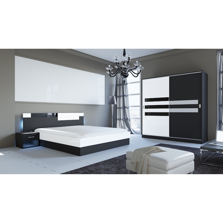 Set Mobila Dormitor Irim Klara, Pat 160x200 cm, Dulap usi glisante 180x59,5x191 cm, 2 Noptiere, Alb/Negru