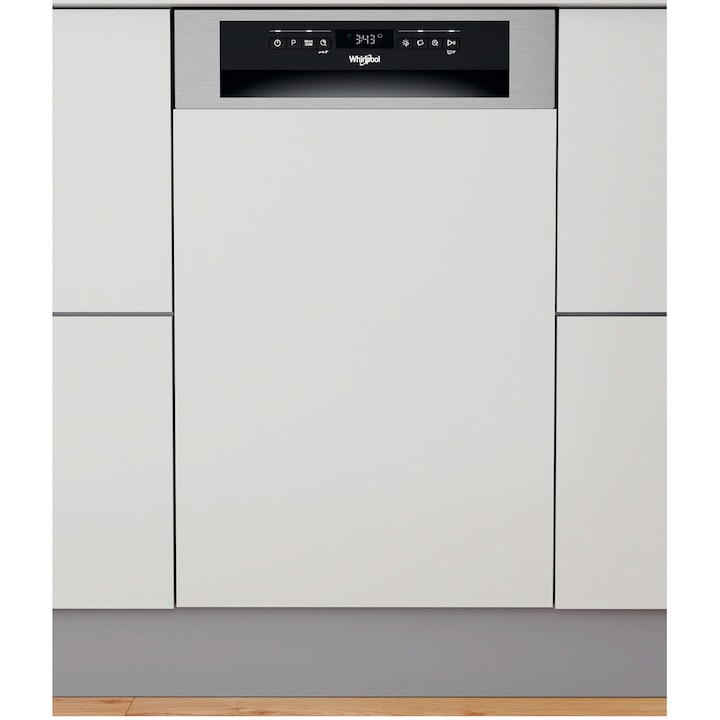 Masina de spalat vase semi-incorporabila Whirlpool WSBO3O34PFX, 10 seturi, 8 programe, Clasa D, 6th Sense, Power Clean, 45 cm