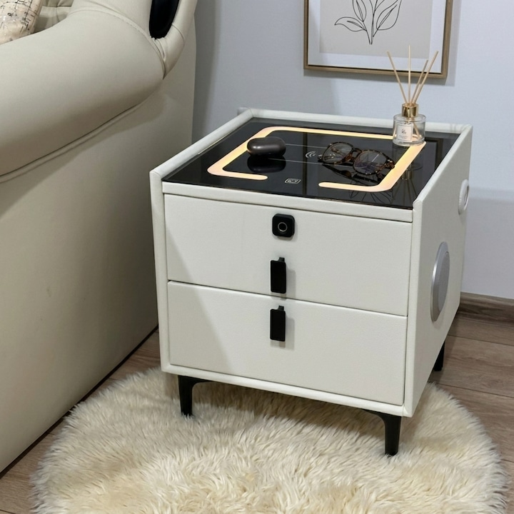 Noptiera Inteligenta Multifunctionala Cu Incarcare Wireless, Boxe Bluetooth, Iluminare LED cu touch, Blocare cu Amprenta, 2 Sertare, Port USB si Type C, Alb