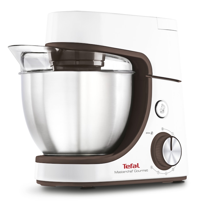 Robot de bucatarie Tefal MasterChef Gourmet Baking with Kids QB51K138, 1100W, 8 trepte de viteza, functie Pulse, bol inox 4.6L, set de patiserie, husa depozitare, alb