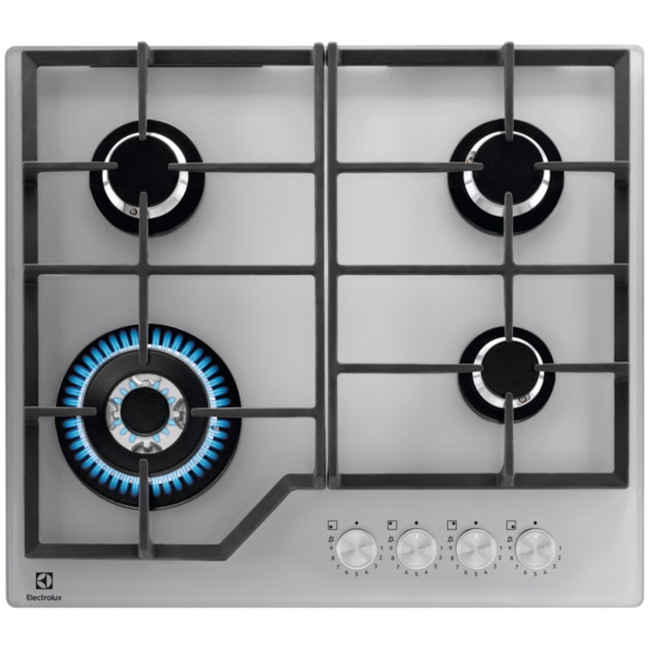 Plita incorporabila Electrolux KGG64362S, Gaz, 4 arzatoare, Aprindere electrica integrata, Dispozitiv siguranta, Gratare fonta, 60 cm, Argintiu