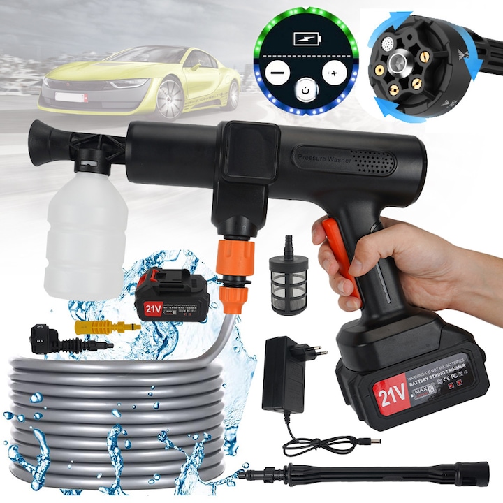 Pistol de spalat cu presiune 350W, Bedee, Duza 6 in 1, Jeturi - 0°, 15°, 25°, 40°, dus si spuma, 21V 200Bar, 4.1 L/min, 5m furtun, 2 baterii, dus si spuma, pentru Masina, Garduri, Terase si Patio, cu cutie de depozitare