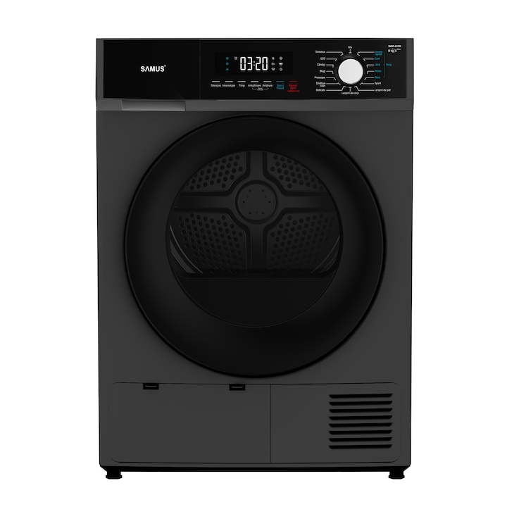 Uscator de rufe Samus SWDP-817DS, Capacitate 8 kg, Afisaj electronic, Tip procedura uscare pompa de caldura, 16 Programe, Clasa energetica E, Blocare acces copii, Pornire intarziata, Negru