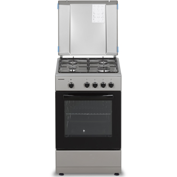 Aragaz Heinner HFSC-SME50SL, Gaz, 4 arzatoare, Dispozitiv siguranta plita si cuptor, 50 cm, Argintiu