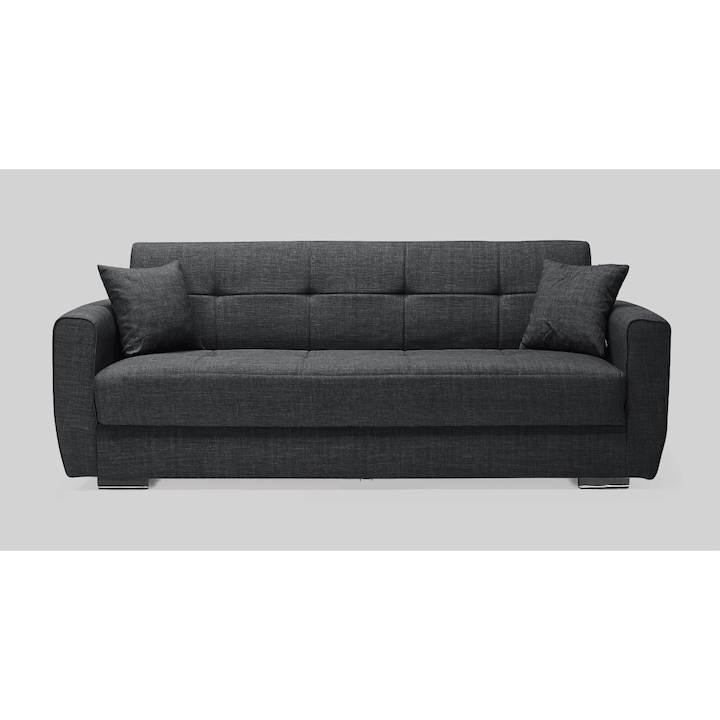 Canapea SIDEF Gri, 3 locuri, extensibila, cu stofa, lada depozitare si 2 perne décor incluse - SDF52