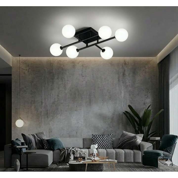Lustra moderna ZenLED, 6xE27, negru, globuri albe, 78x78x18cm